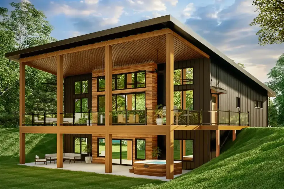 Plan 135233GRA rear elevation modern lake or mountain house with two-story window wall connecting great room to outdoors expansive 48-foot covered deck on main level patio beneath at lower level cedar wood ceiling and exposed beam construction