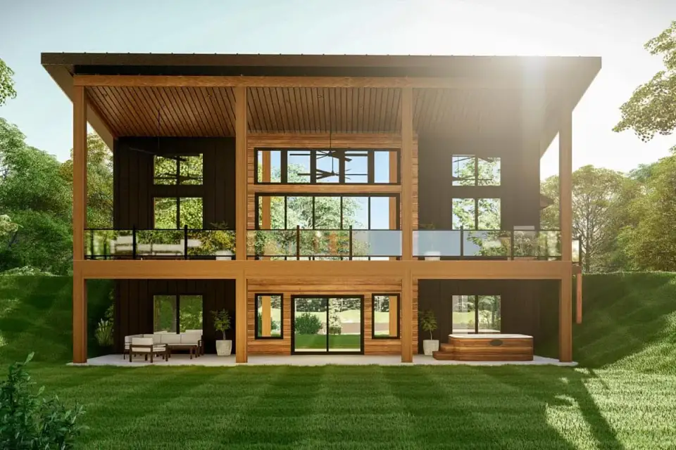 Plan 135233GRA front elevation modern mountain retreat with dark vertical board and batten siding warm cedar accent cladding exposed timber framing standing seam metal roof black framed windows and covered front porch with wood columns