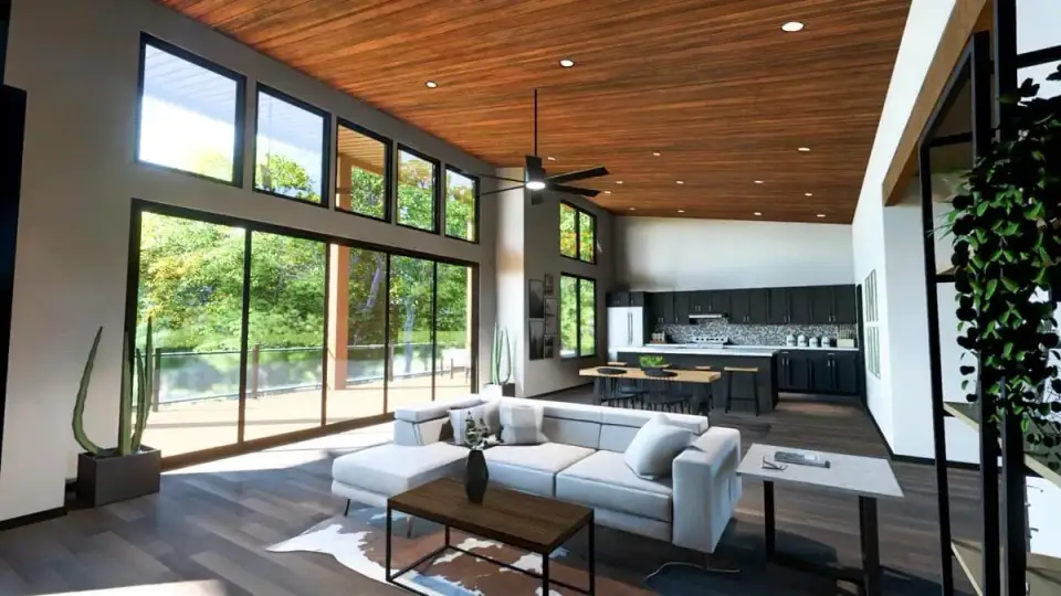 Plan 135233GRA great room interior with vaulted sloped ceiling exposed timber beam tongue and groove wood plank ceiling open concept living and dining area large rear window wall with mountain or lake view and direct connection to covered deck