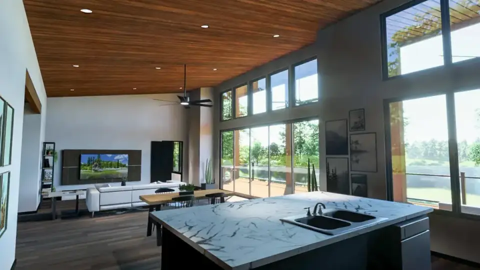 Plan 135233GRA wide interior view from foyer toward rear window wall demonstrating vaulted ceiling slope sight line through entire main level and connection to covered deck and view beyond