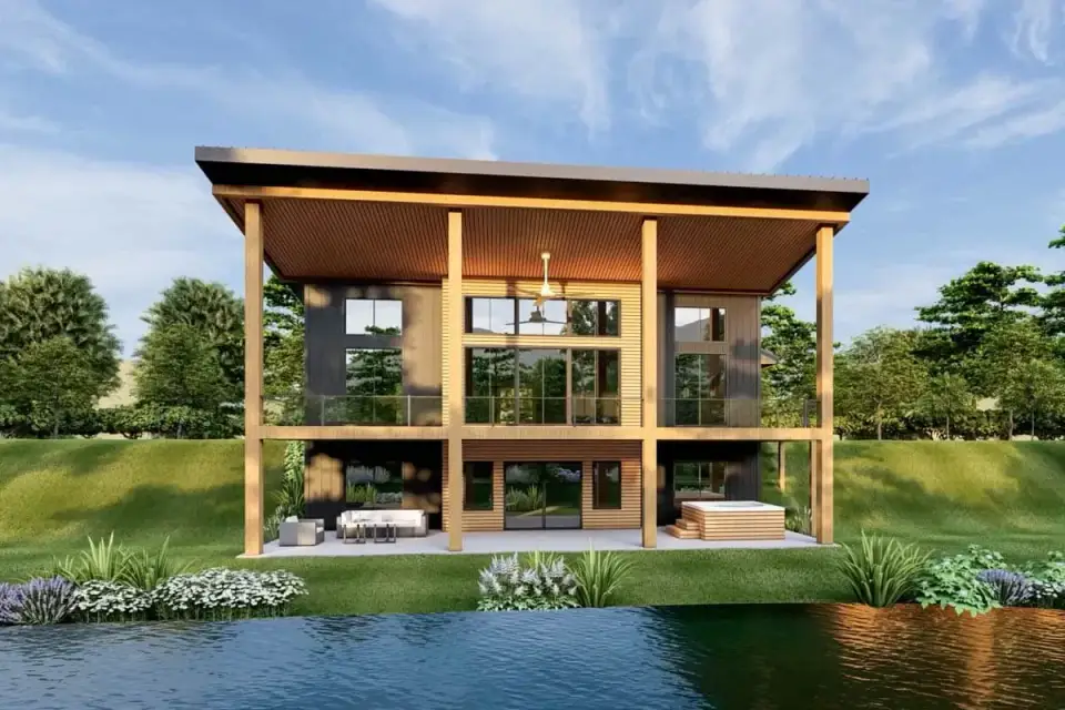 Plan 135233GRA exterior corner detail with timber column truss work warm wood soffit and dark vertical siding intersection at covered porch