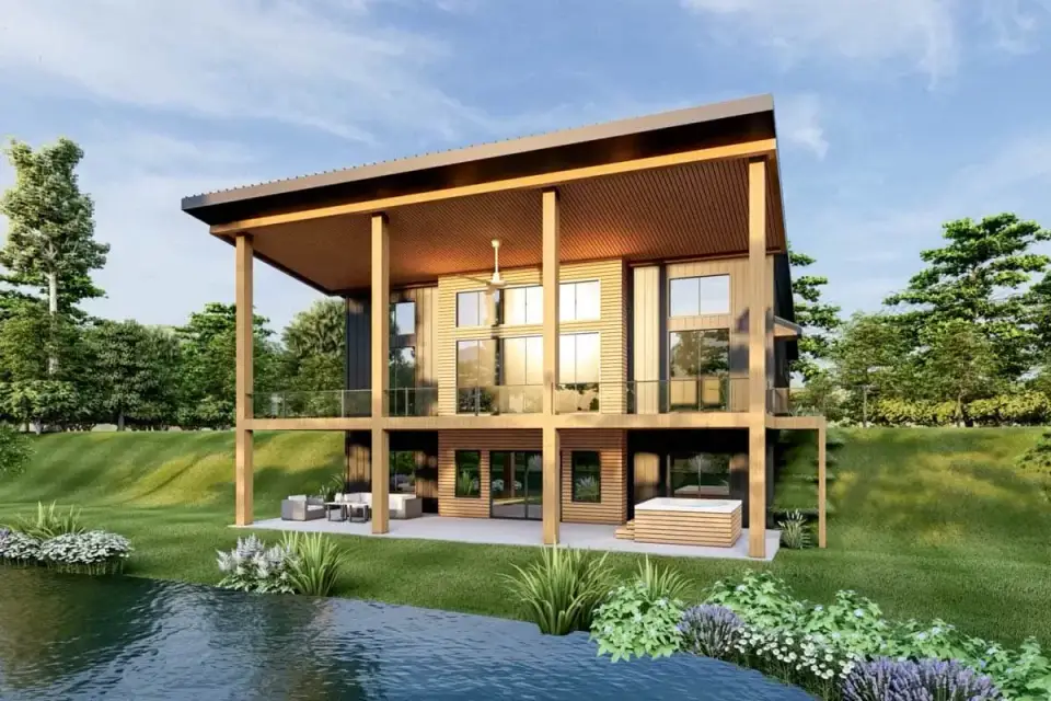 Plan 135233GRA rear deck view from lower level patio looking up at covered upper deck with wood ceiling treated decking timber posts and great room window wall above