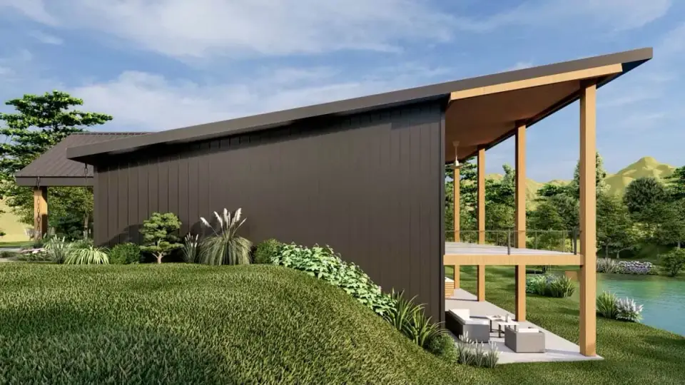 Plan 135233GRA detailed view of dark vertical board and batten siding warm cedar shiplap accent cladding and standing seam metal roof material transition