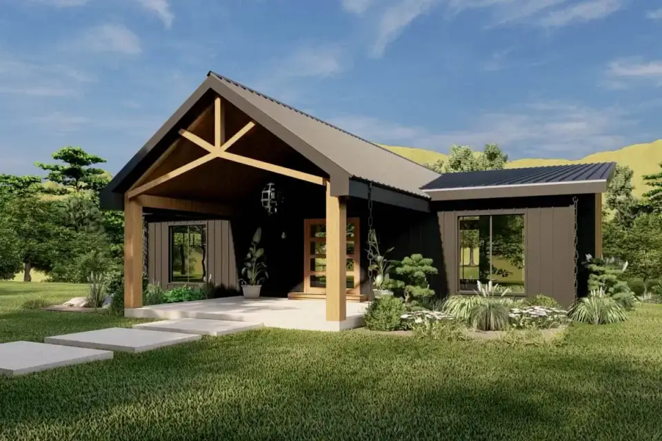 Plan 135233GRA side elevation showing relationship between main level and walk-out lower level with sloping lot integration windows on both floors and mixed material facade