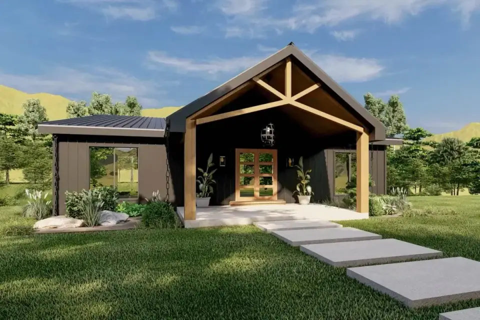 Plan 135233GRA covered front entry porch with timber post and beam construction stone or concrete steps wood ceiling and dark vertical siding adjacent to entry door