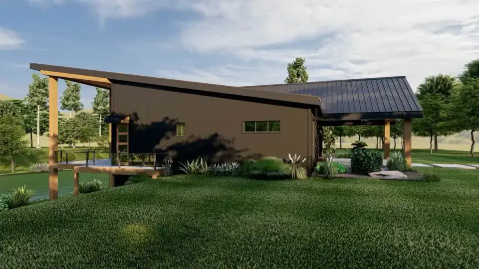 Plan 135233GRA exterior wide angle of mountain modern retreat showing massing mono-pitch shed roof line mixed material facade timber accents and integration with sloping wooded site