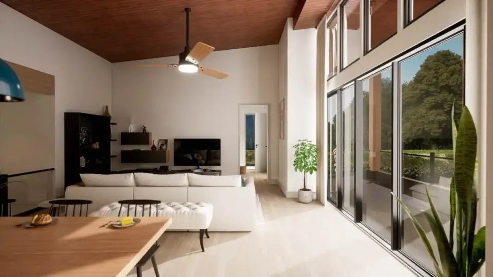 Plan 135233GRA covered rear deck looking back at window wall and great room interior with timber posts wood ceiling and outdoor dining furniture
