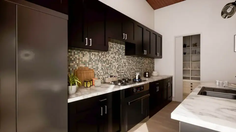Plan 135233GRA walk-in pantry with full-height shelving counter for small appliances and dedicated outlet for stand mixer or coffee station