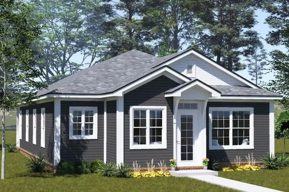 Country traditional exterior with charcoal lap siding and centered entry portico