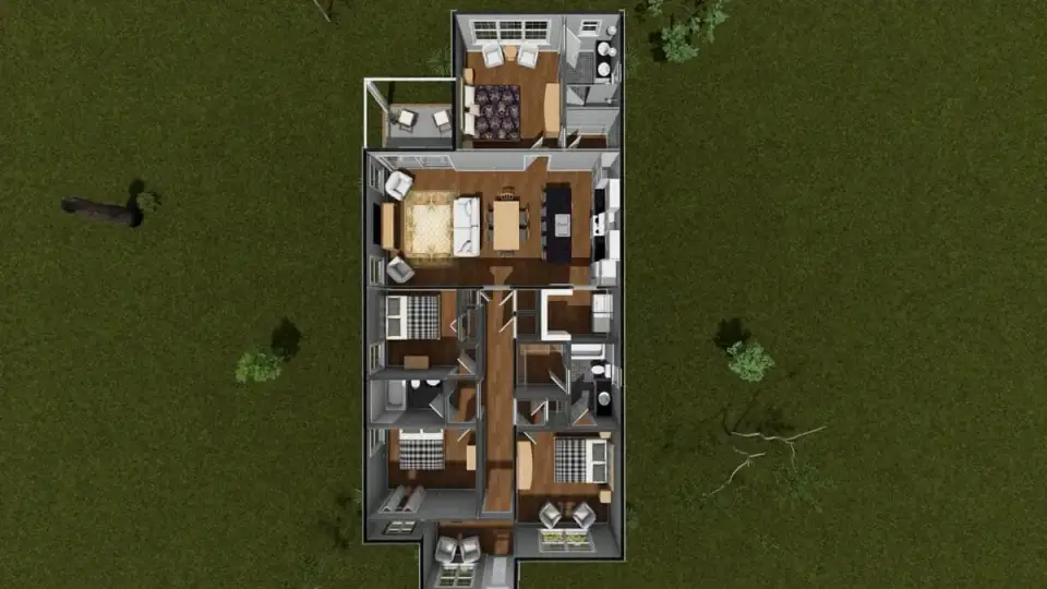 Aerial view confirming the rectangular footprint and continuous roof ridge