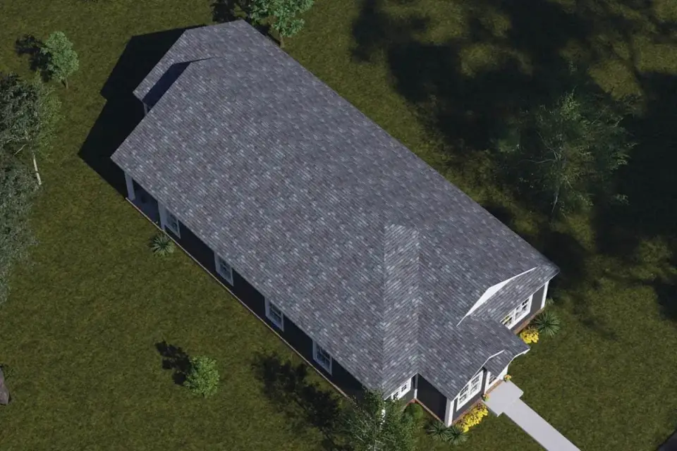 Aerial rear view of the covered porch and roofline