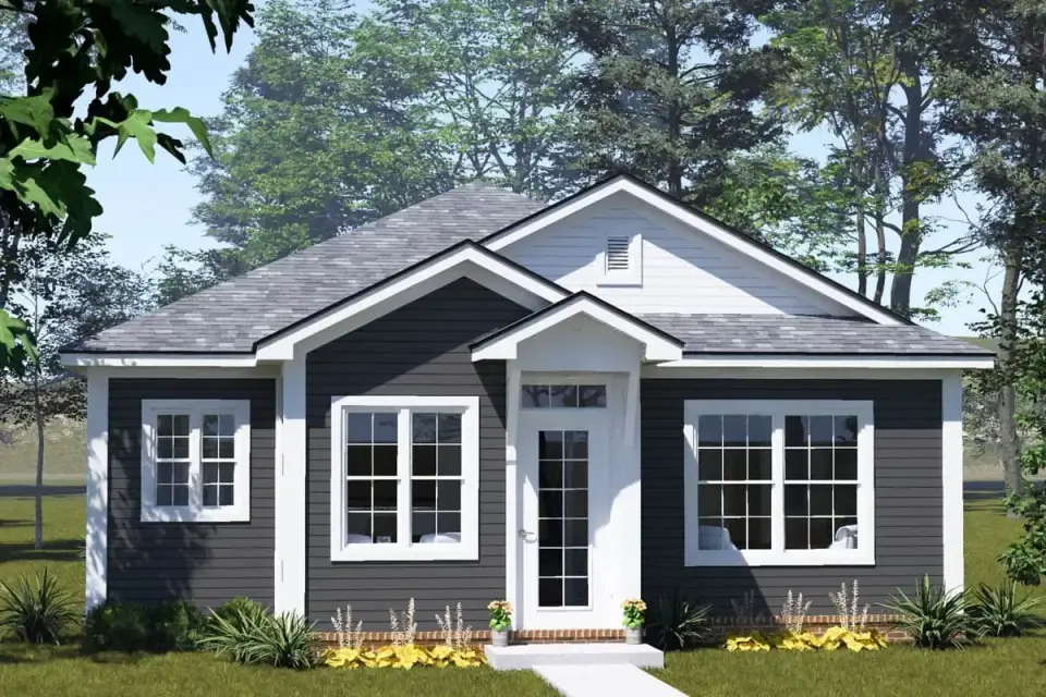 Front elevation showing gable-on-hip roof and white window trim