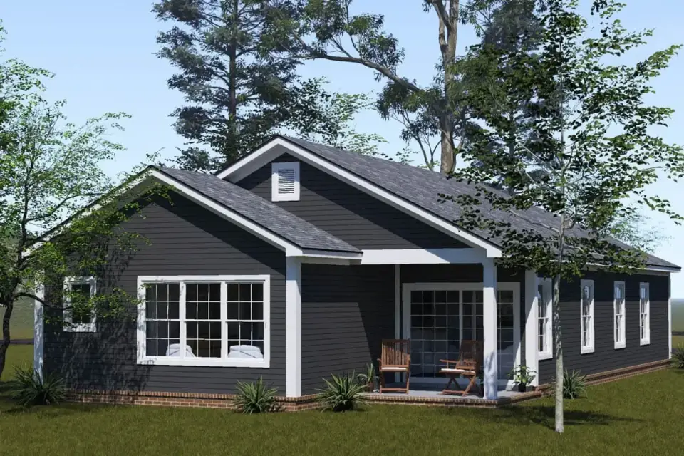 Side elevation of the single-story country house with divided-lite windows
