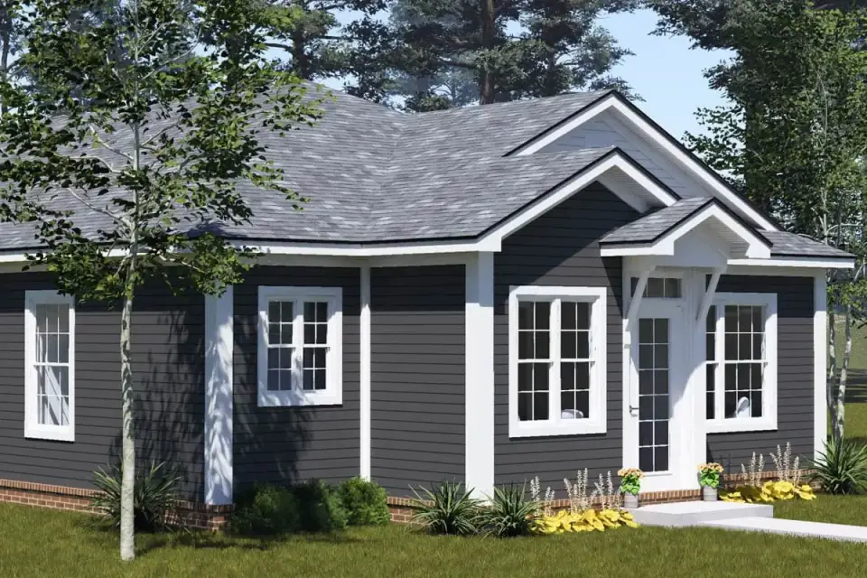 Rear elevation with covered porch and large sliding glass doors