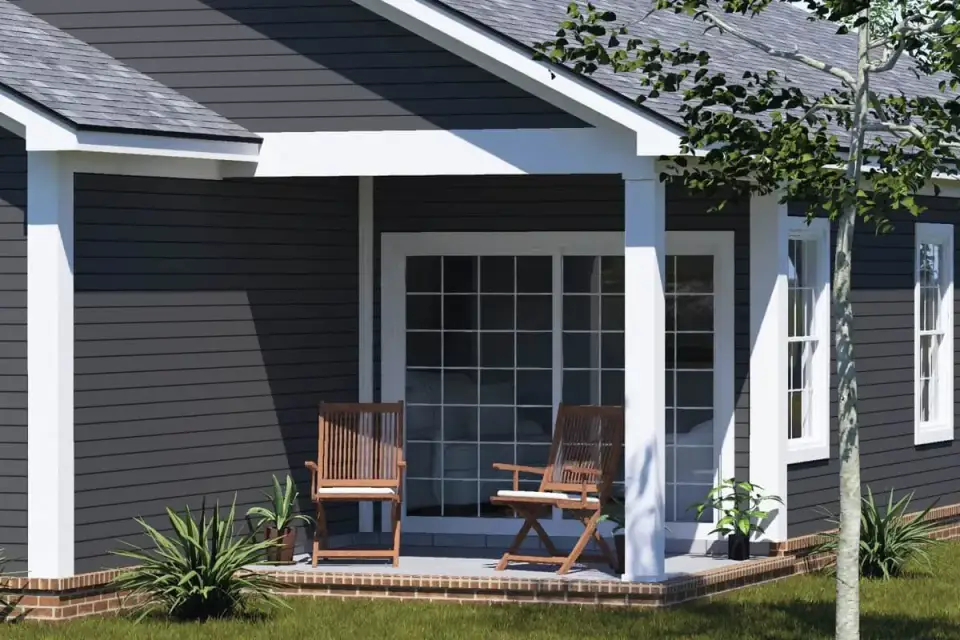Rear covered porch supported by square columns