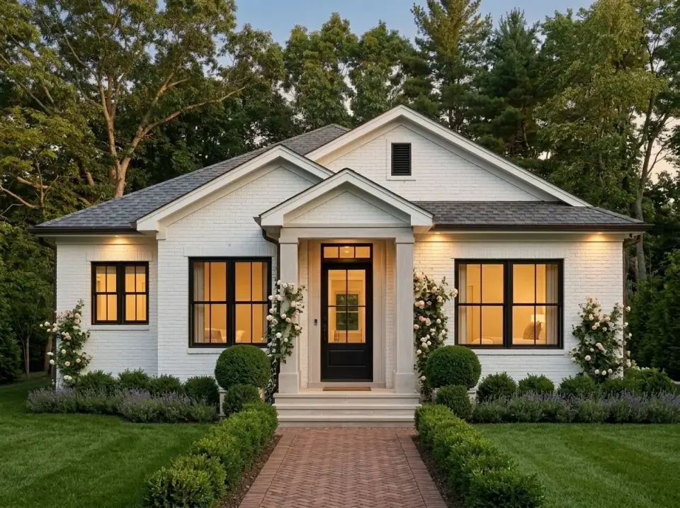 Classic painted white brick facade with black windows and centered portico