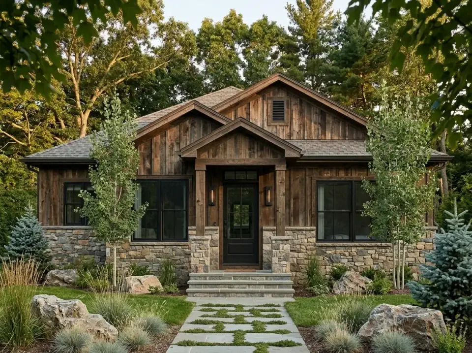 Rustic stone veneer and reclaimed-style wood siding facade