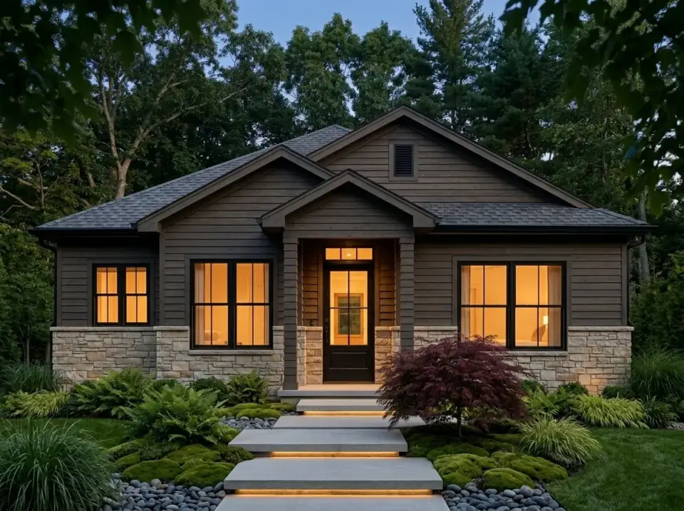 Dark monochromatic craftsman facade with light stone water table