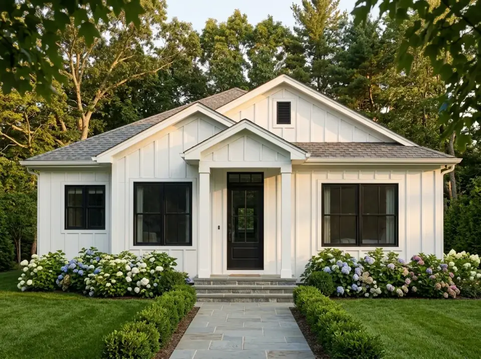 White board-and-batten modern farmhouse facade with black windows