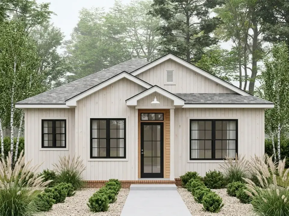 Light natural-toned vertical siding cottage facade with minimal trim
