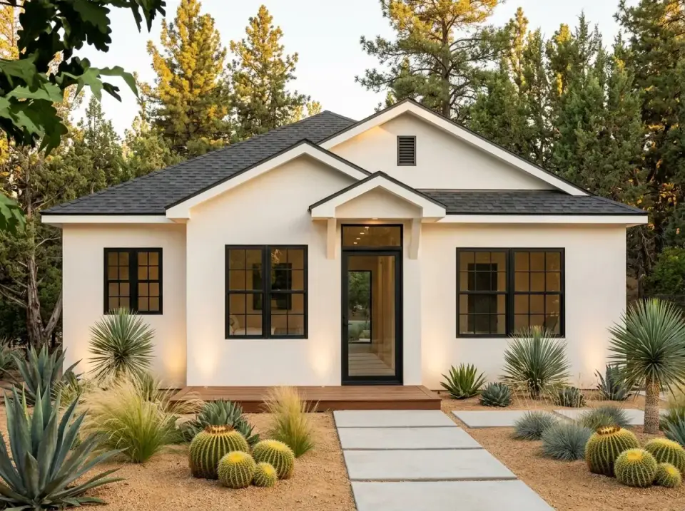 Smooth white desert modern facade with xeriscape landscaping