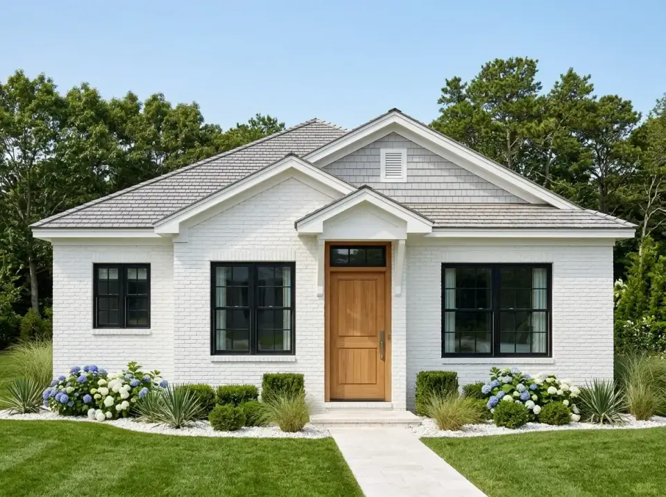 White painted brick coastal facade with cedar-shingle roof and hydrangeas