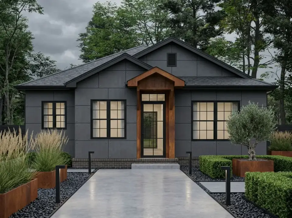 Charcoal paneled industrial contemporary facade with corten planters