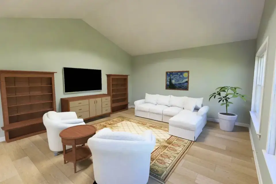 Vaulted living room with medium-tone wood floors and sightlines to the rear porch