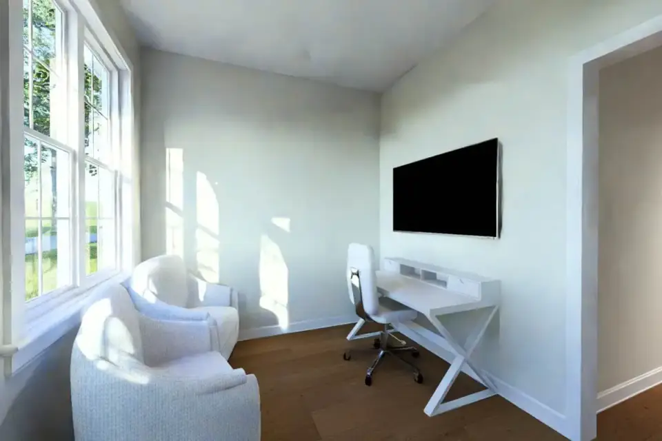 Living room open to the dining and kitchen with sliding doors to the porch