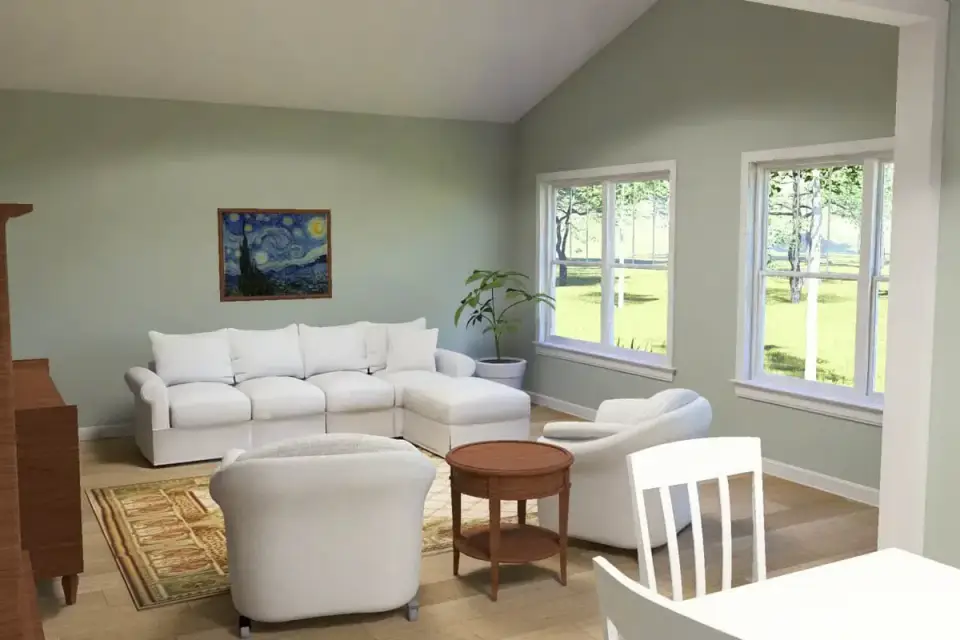 Open living and dining area with large windows and natural light