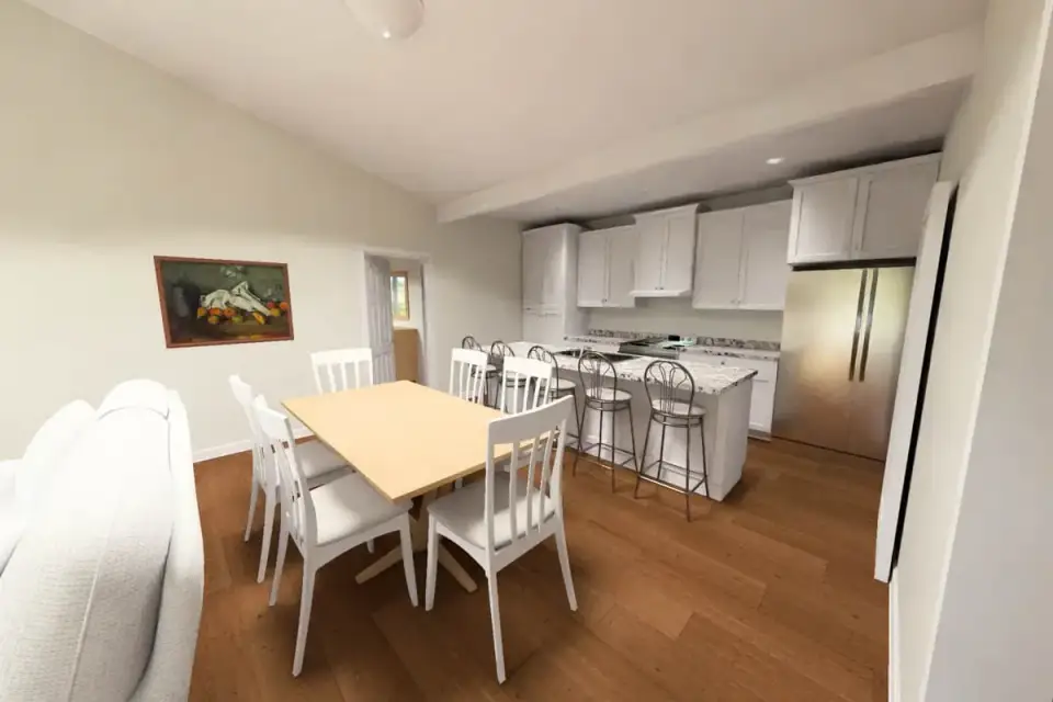 Walk-in pantry with dry storage shelving adjacent to the kitchen
