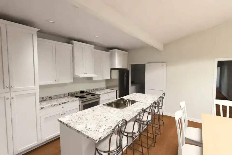 Master bathroom with white vanity and stone-patterned countertop