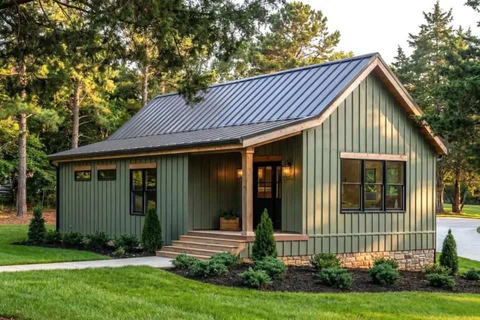 852 SF country cottage front elevation with muted green vertical board-and-batten siding, dark standing-seam metal roof and natural wood porch posts