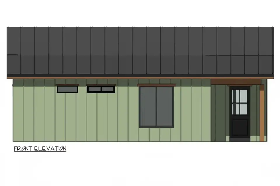 Covered front porch detail with natural wood posts on a 852 SF country cottage plan