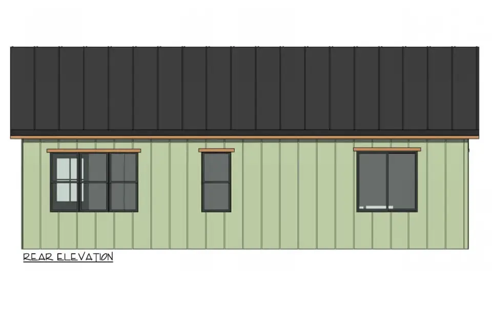 Side elevation of single-story 852 SF country cottage with consistent board-and-batten cladding