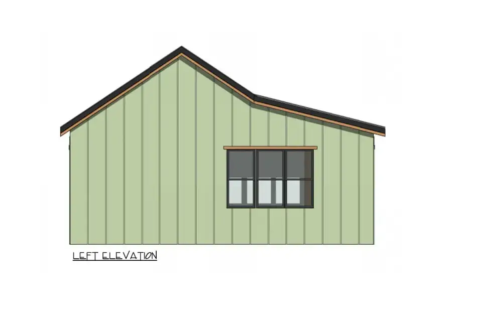 Rear elevation of country cottage plan with balanced window placement and simple gable roof