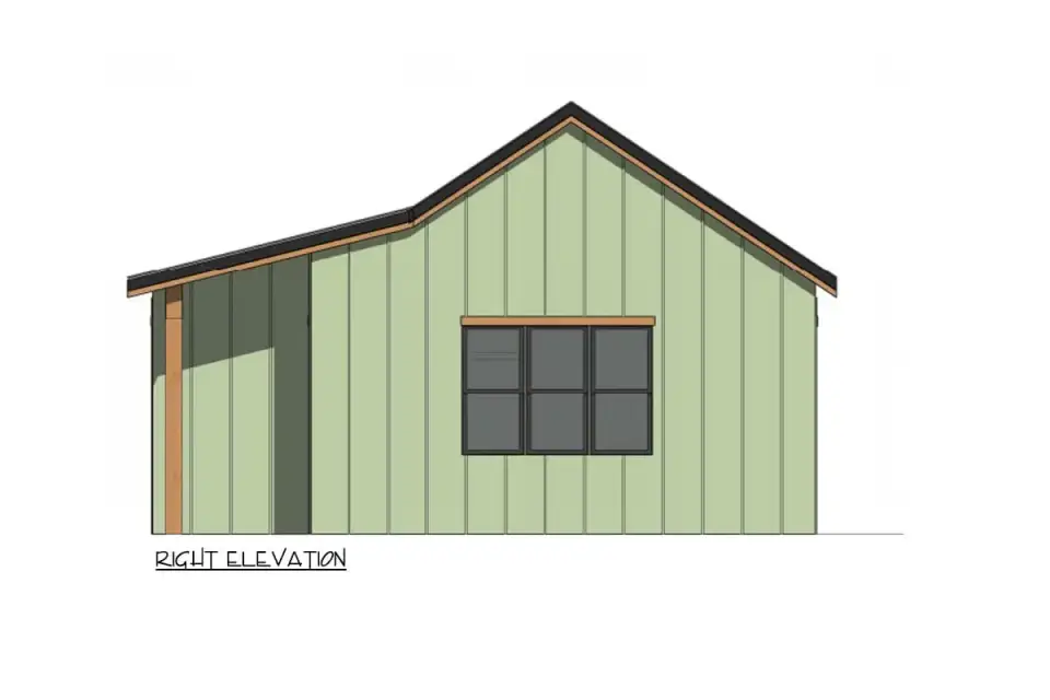 Three-quarter view of 852 SF country cottage showing compact single-volume massing
