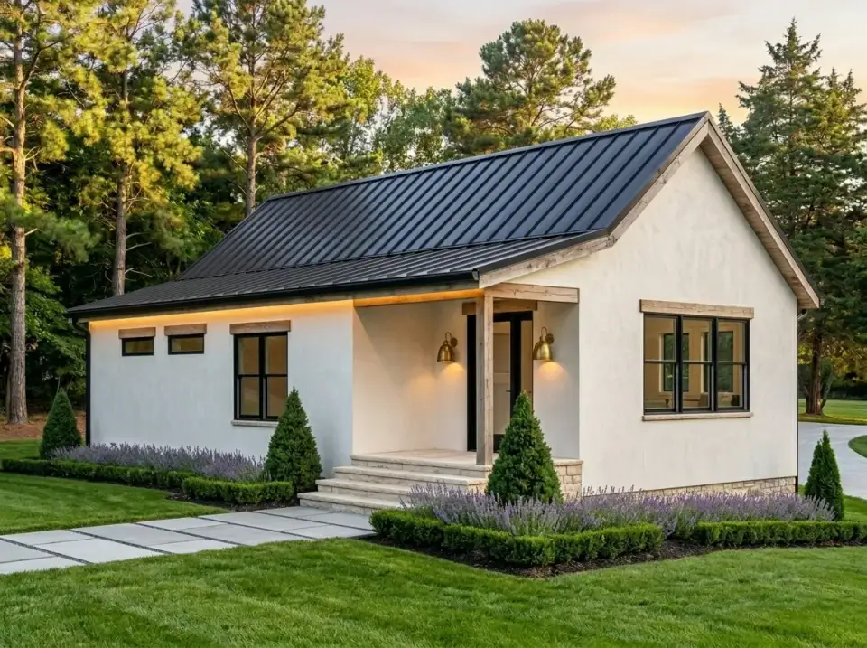 Smooth stucco contemporary cottage facade with white stucco, dark metal roof, brass sconces and structured boxwood landscaping