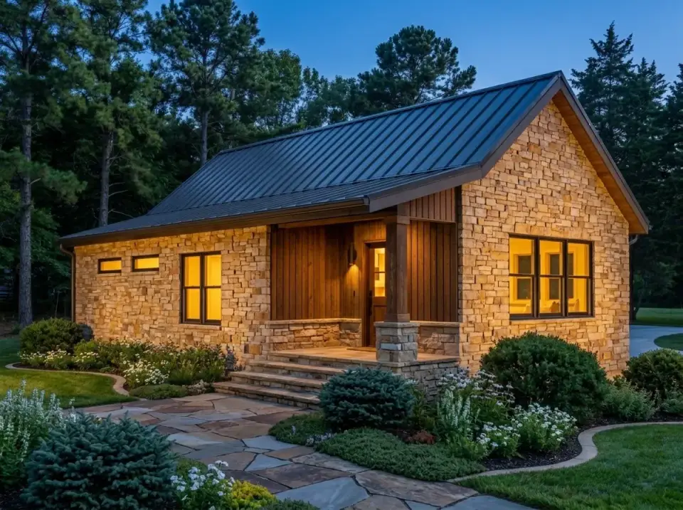 Rustic stone lodge cottage facade with full natural stone cladding, timber paneling at entry porch, flagstone path and evergreen landscaping