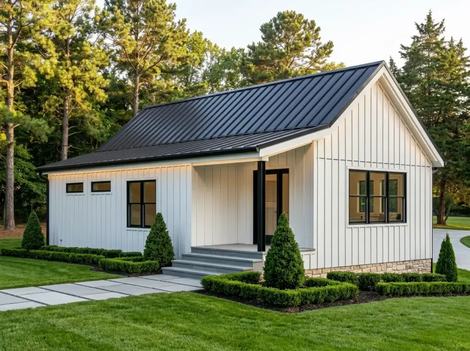Modern farmhouse cottage facade with vertical white board-and-batten siding, black window frames, matte black metal roof and clipped boxwood landscaping