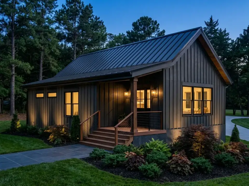 Evening contemporary cottage facade with dark charcoal vertical siding, black roof, cable porch railings and dark pavers with mixed foliage