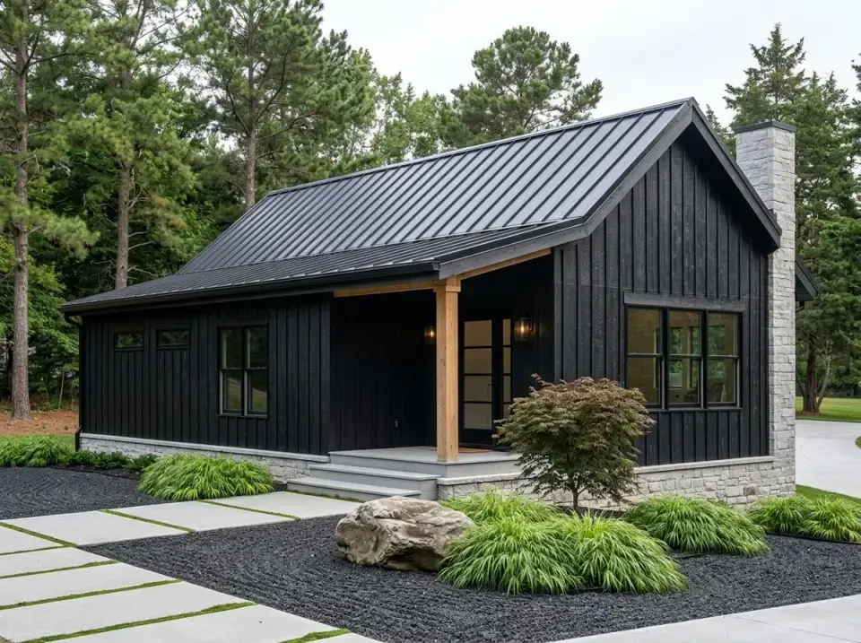 Nordic noir cottage facade with black board-and-batten siding, stone chimney, stone foundation, black gravel landscaping and ornamental grasses