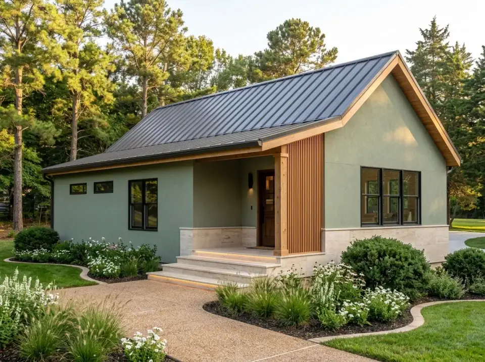 Organic modern cottage facade with sage plaster cladding, stone base, vertical wood slat entry paneling and gravel walkway with native grasses