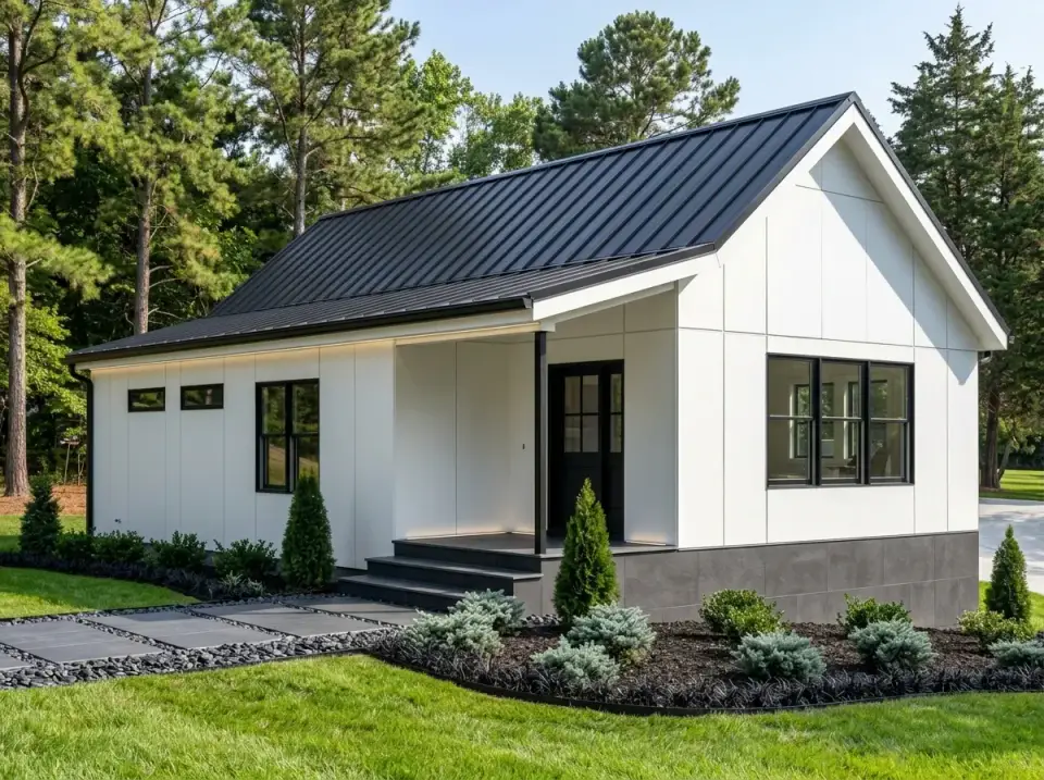 Minimalist panel cottage facade with large-format white panels, black metal roof, dark stone foundation and dark gravel beds with low evergreen shrubs