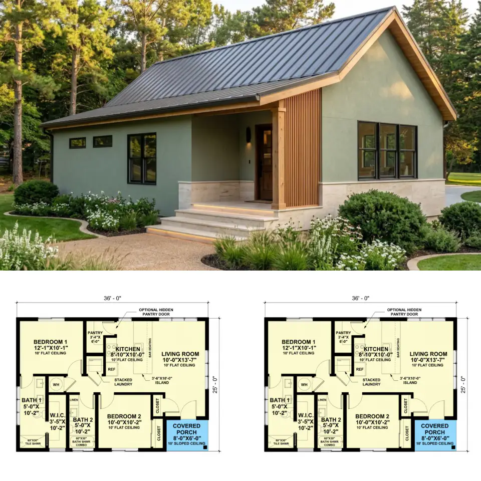 2-Bed 2-Bath Country Cottage Plan with Butler Pantry | 852 Sq. Ft.