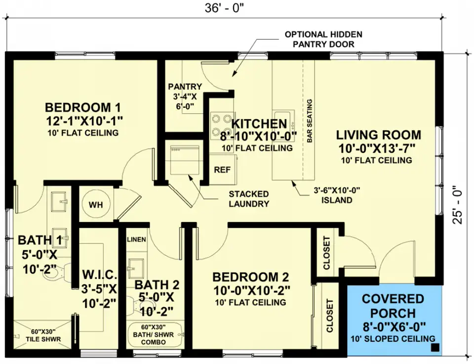 852 SF country cottage floor plan, 2 bedrooms, 2 baths single-story with butler walk-in pantry, stacked laundry and 10-foot ceilings