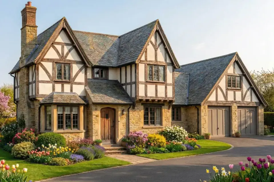 Tudor Revival exterior rendering with stone base, half-timbered upper walls, steep gables, and integrated two-car garage
