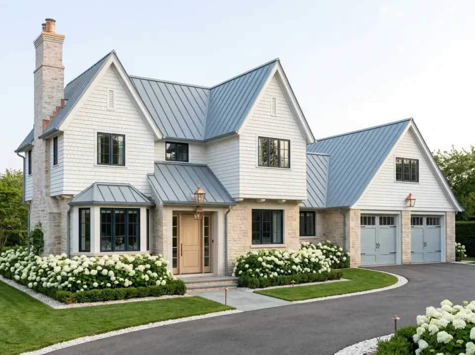 Coastal shingle facade variation with white shingle cladding, pale blue standing seam metal roof, and hydrangeas