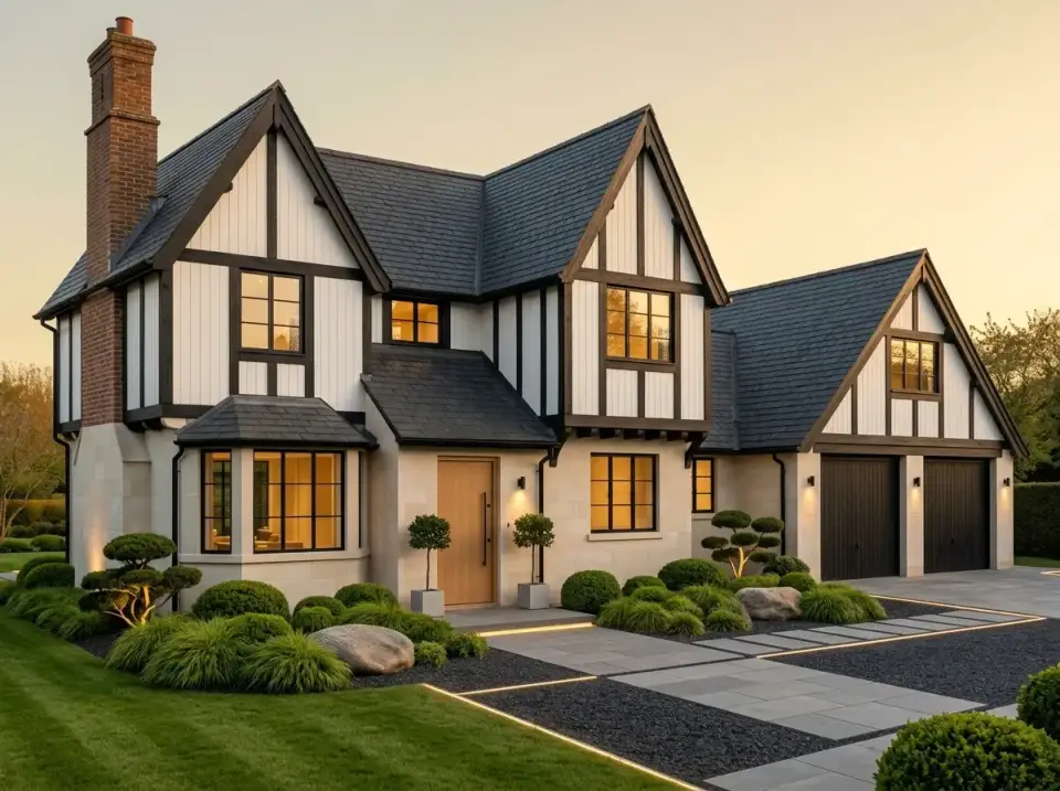 Modern Tudor facade with dark timber framing against light stucco, natural wood door, and geometric landscaping