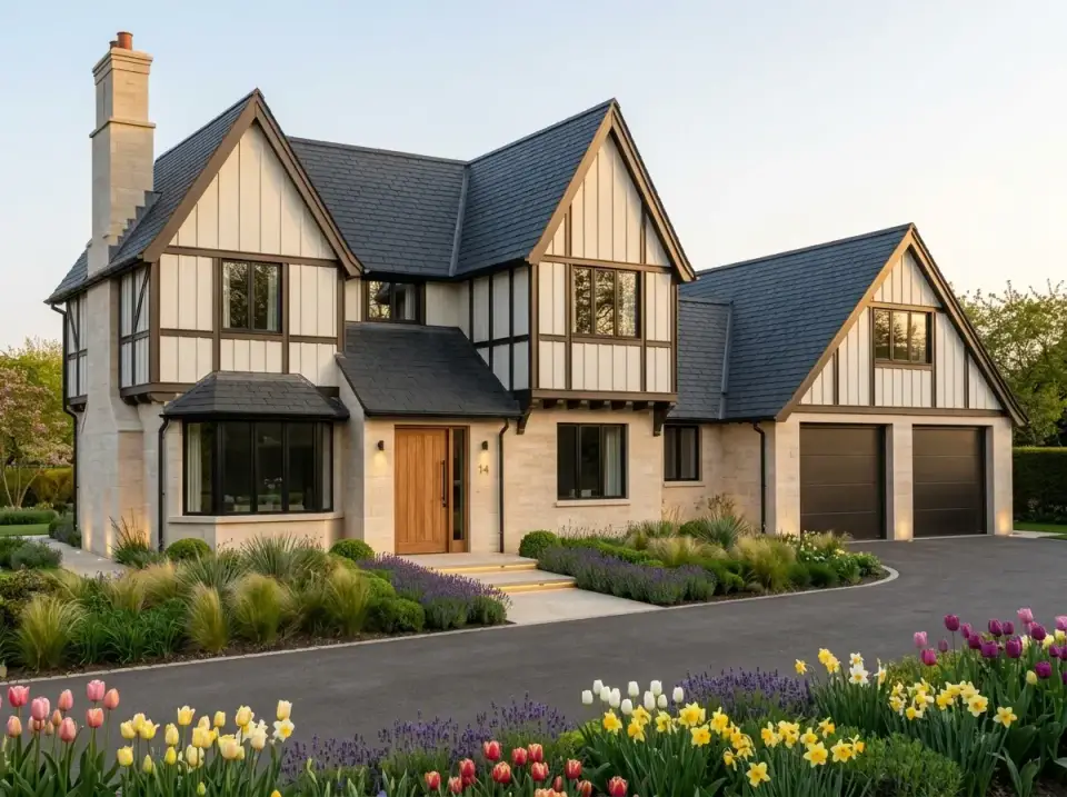 Traditional English Tudor facade with closely spaced dark timbering, light stucco, stone base, and cottage garden